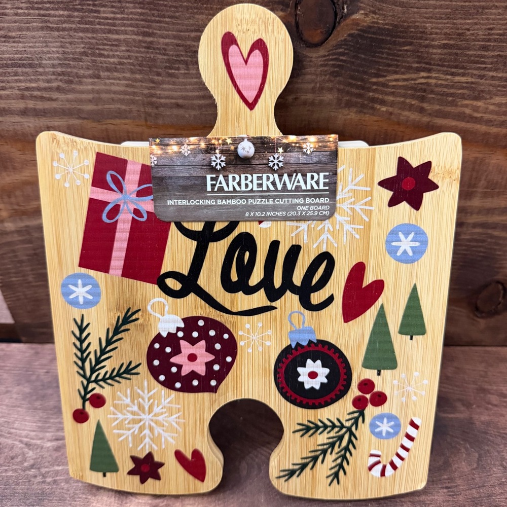 Farberware Interlocking Bamboo Puzzle Cutting Board Holiday Love 8x10.2